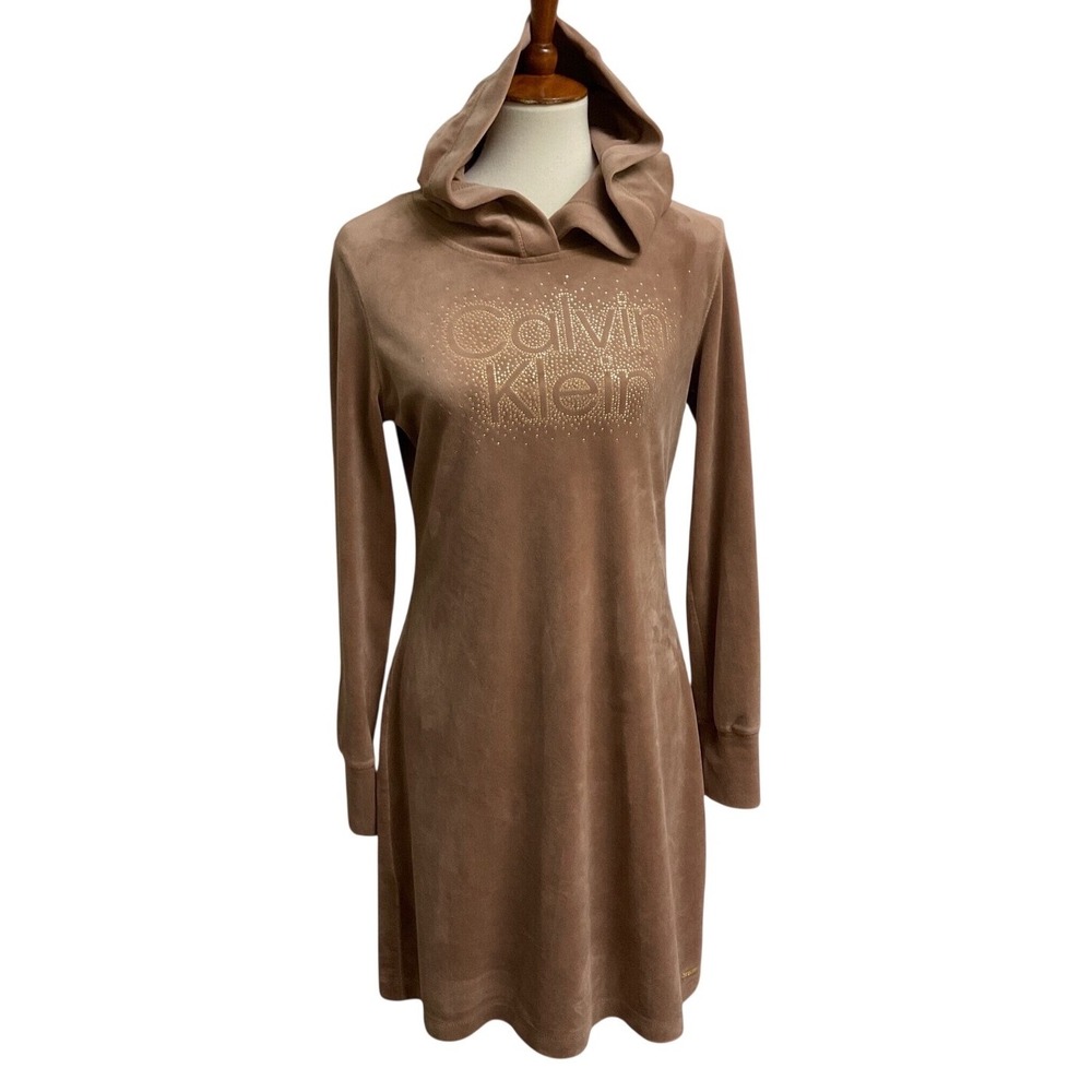 Calvin Klein Velour Hoodie Dress Womens Medium Brown